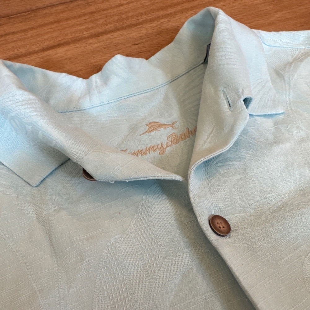 Tommy Bahama Mens Silk Camp Shirt Blue Big Shot Tee Party‎ Golf Embroidery Large